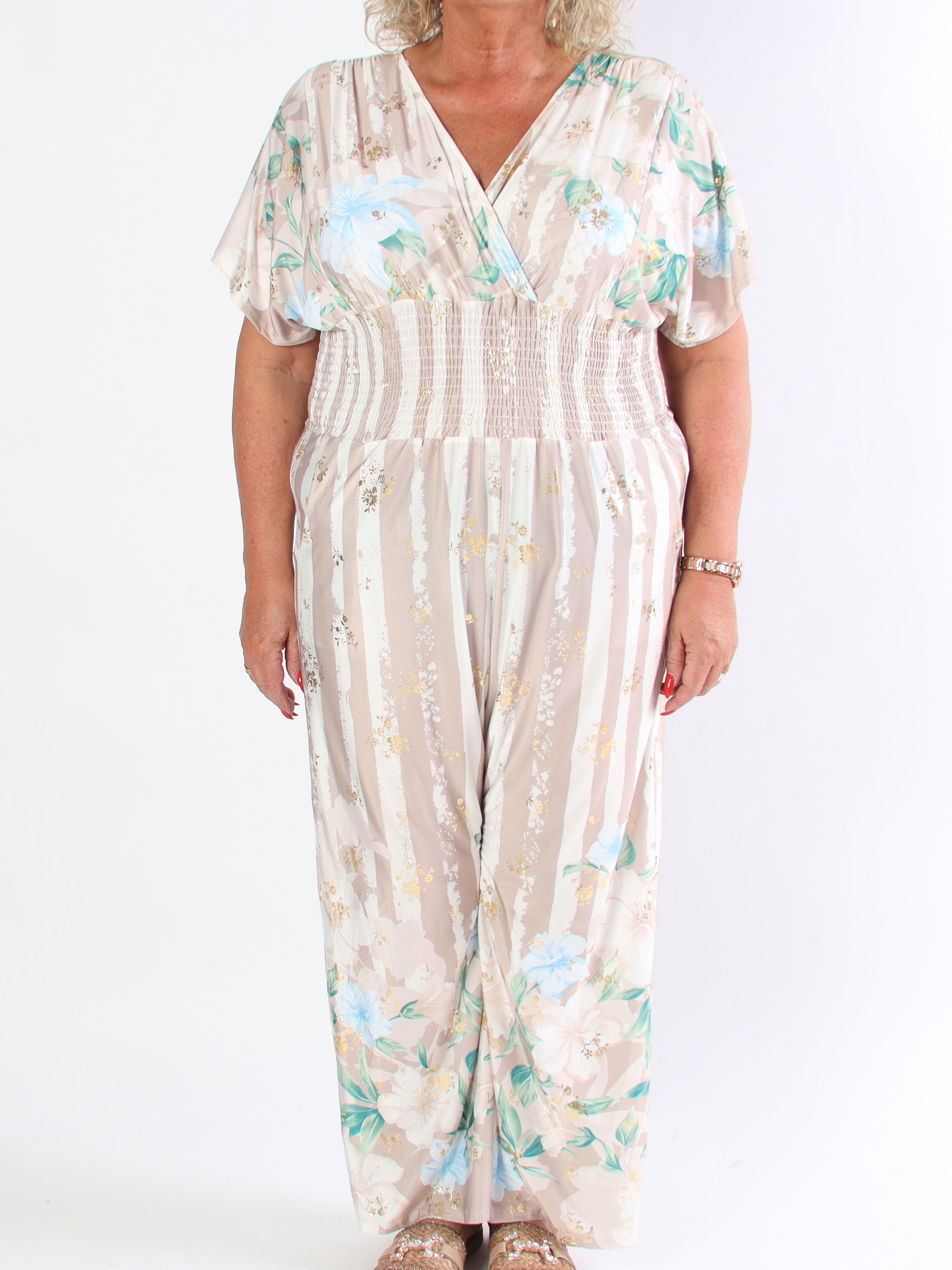 Pams Floral Stripe Jumpsuit - Stretchig plus size jumpsuit med blommotiv